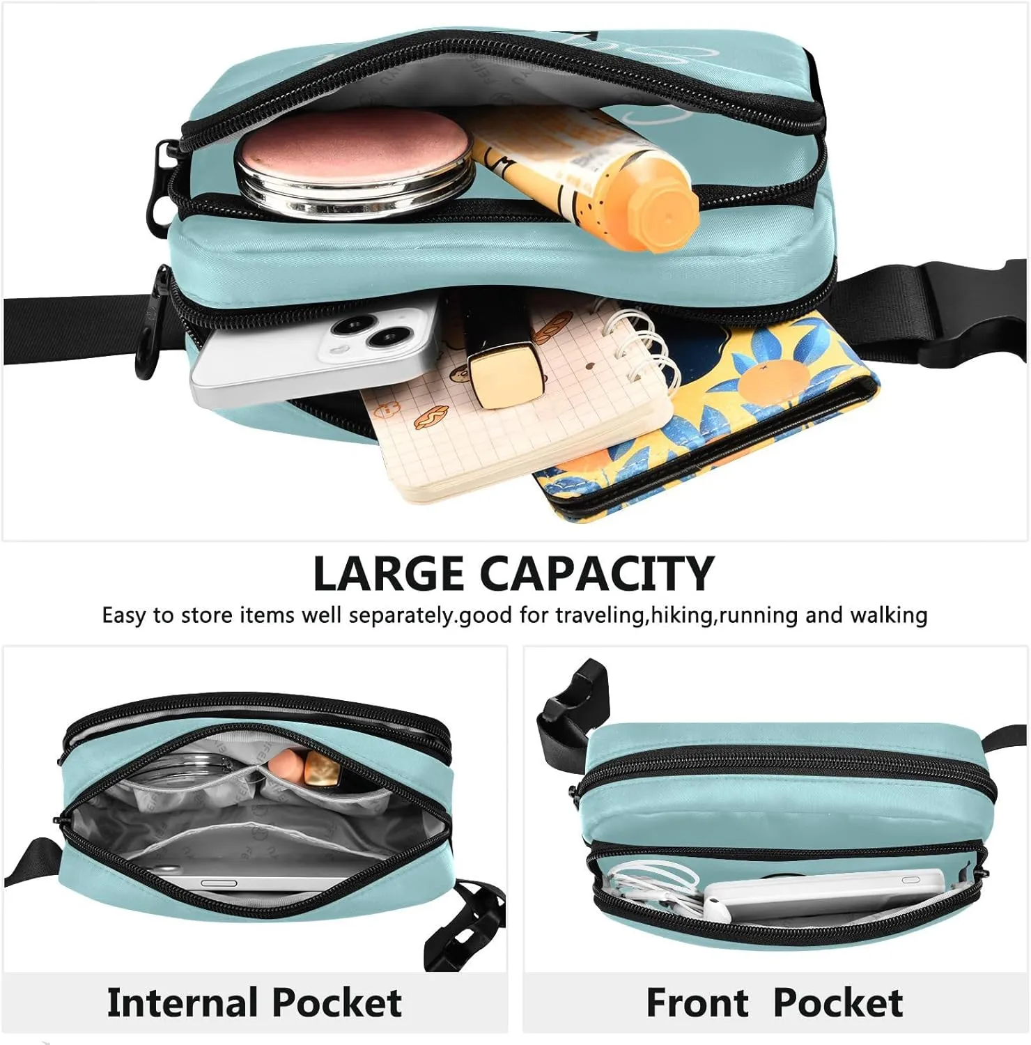 Custom Light Teal Fanny Pack for Women Men Personalizied Belt Bag Crossbody Waist Pouch Waterproof Everywhere Purse Fashion Sling Bag for Workout Running Travel
