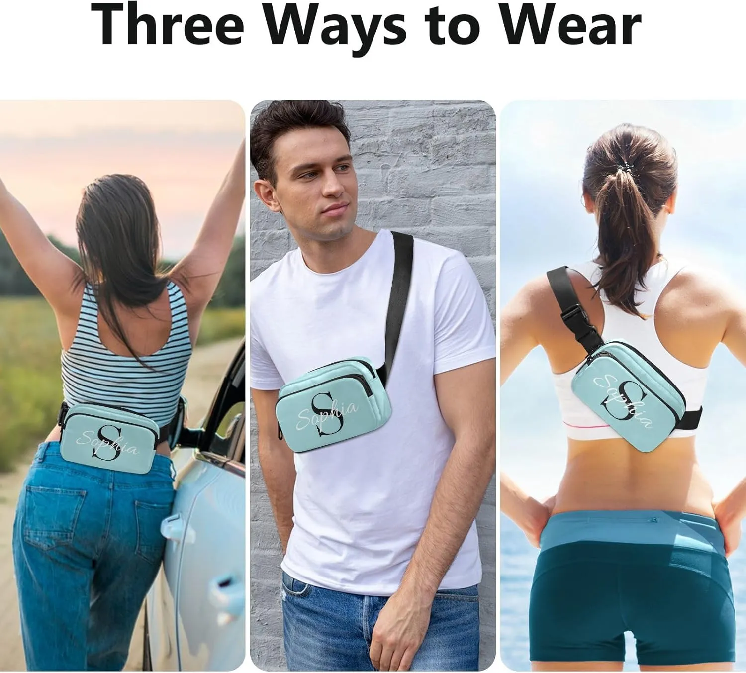 Custom Light Teal Fanny Pack for Women Men Personalizied Belt Bag Crossbody Waist Pouch Waterproof Everywhere Purse Fashion Sling Bag for Workout Running Travel