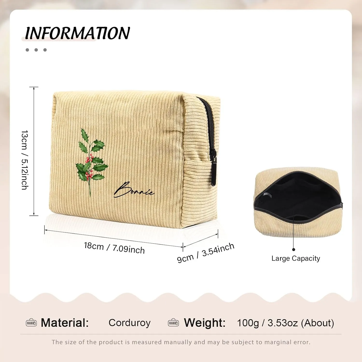 Custom Name Makeup Bags for Women Personalized Travel Cosmetic Bag with Birth Flower Portable Make Up Bags Customized Gifts for Women Mother Sister (Light Yellow)