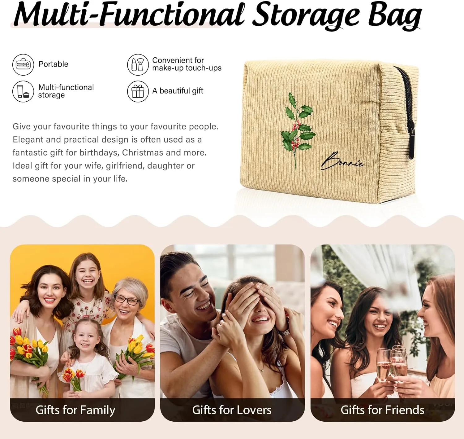 Custom Name Makeup Bags for Women Personalized Travel Cosmetic Bag with Birth Flower Portable Make Up Bags Customized Gifts for Women Mother Sister (Light Yellow)