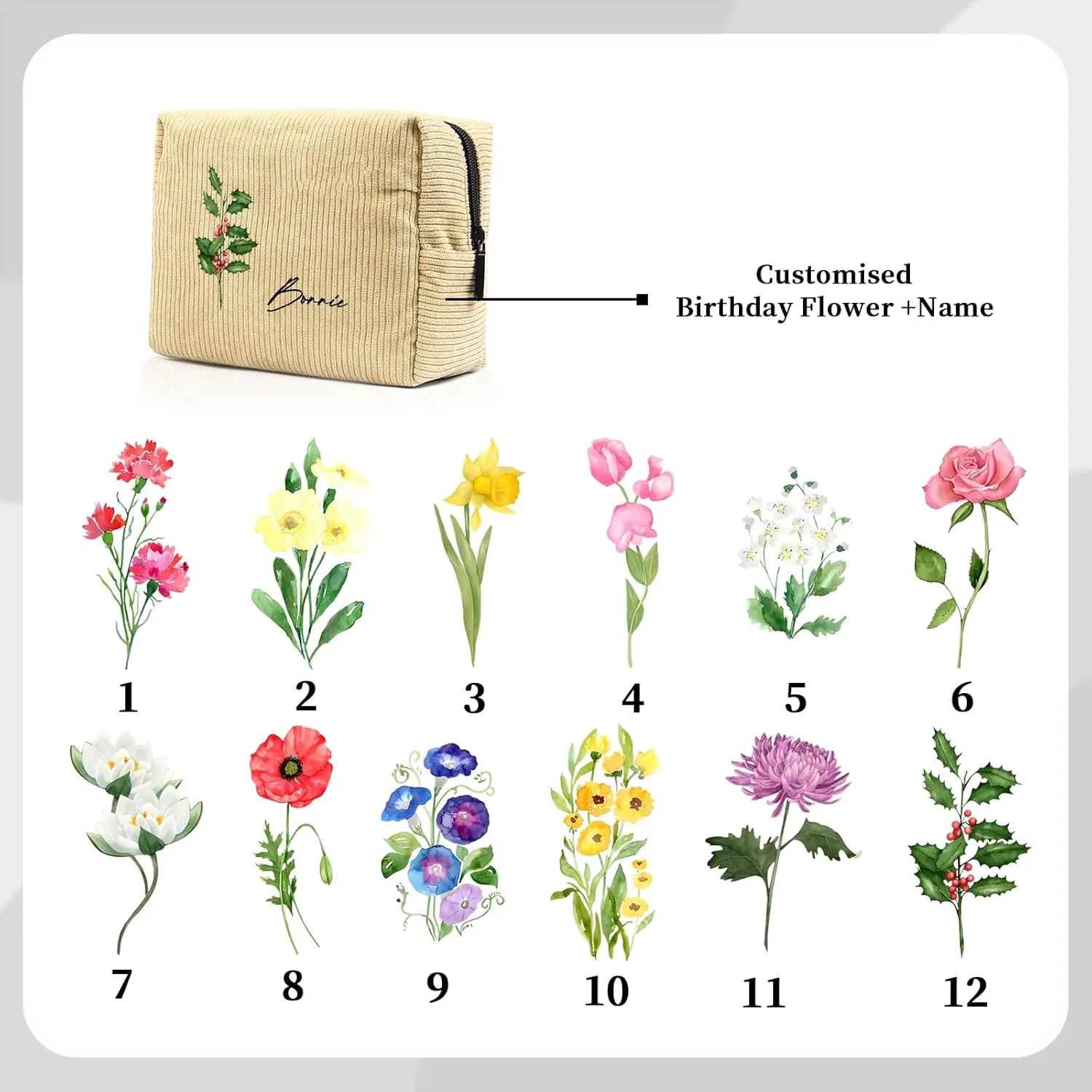 Custom Name Makeup Bags for Women Personalized Travel Cosmetic Bag with Birth Flower Portable Make Up Bags Customized Gifts for Women Mother Sister (Light Yellow)