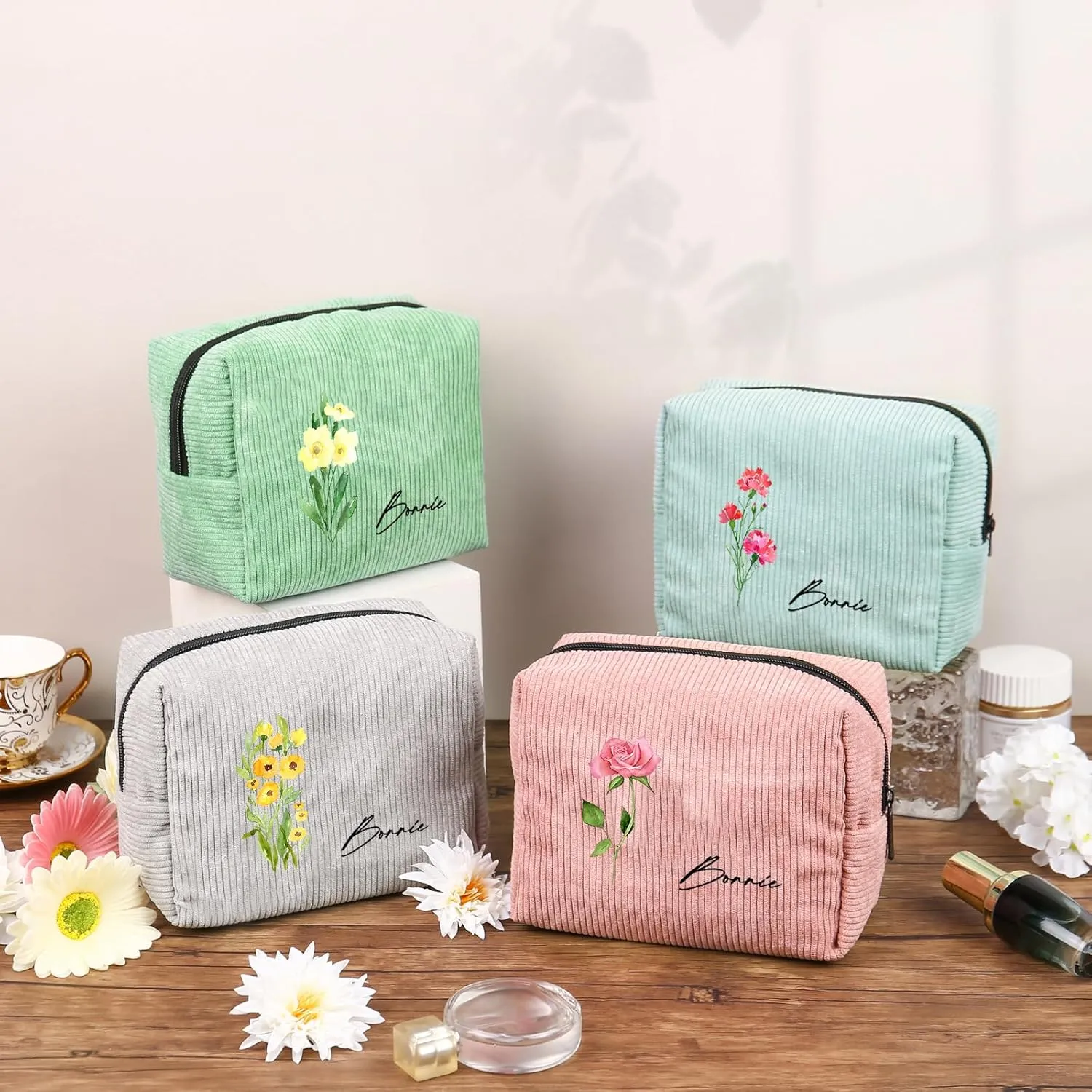 Custom Name Makeup Bags for Women Personalized Travel Cosmetic Bag with Birth Flower Portable Make Up Bags Customized Gifts for Women Mother Sister (Light Yellow)