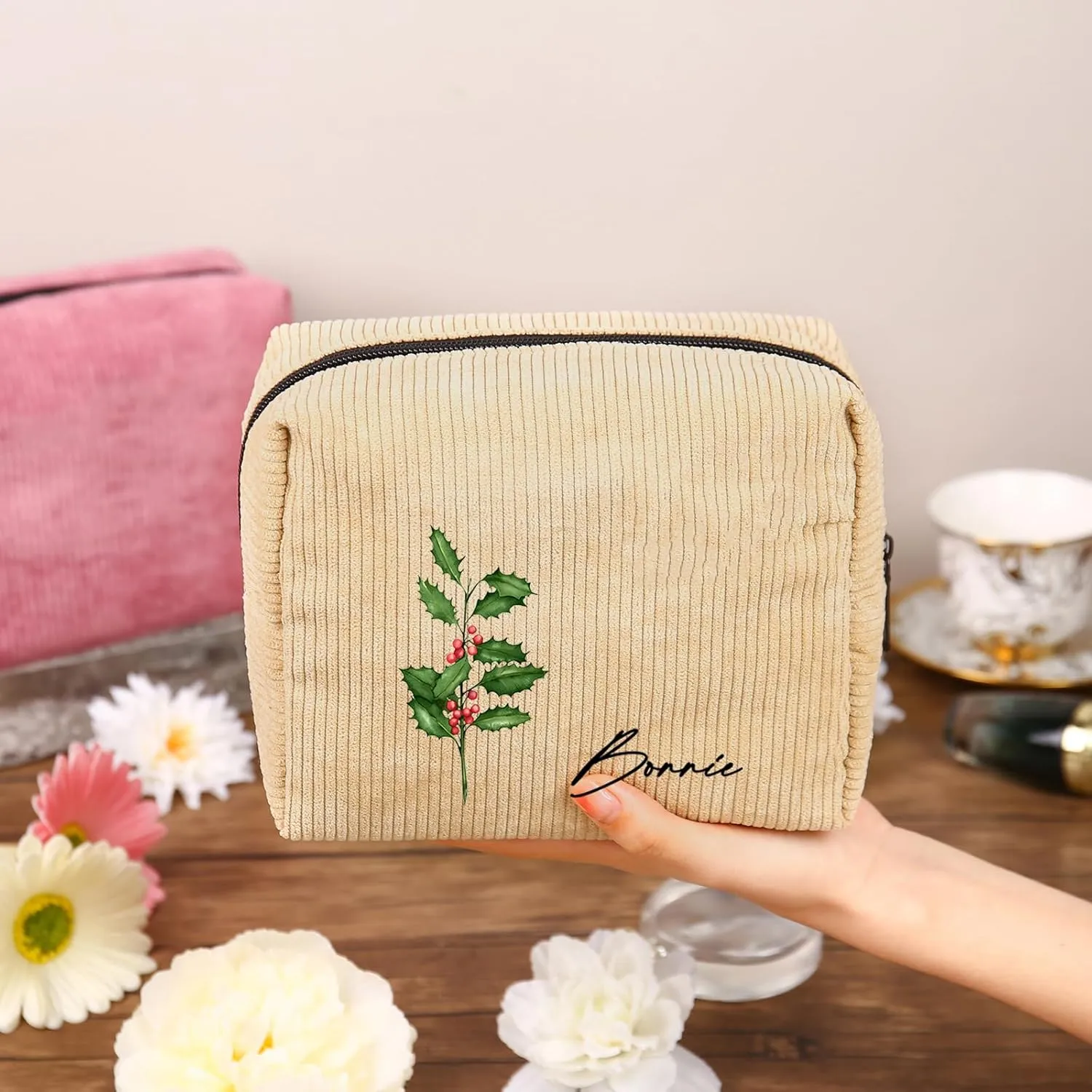 Custom Name Makeup Bags for Women Personalized Travel Cosmetic Bag with Birth Flower Portable Make Up Bags Customized Gifts for Women Mother Sister (Light Yellow)