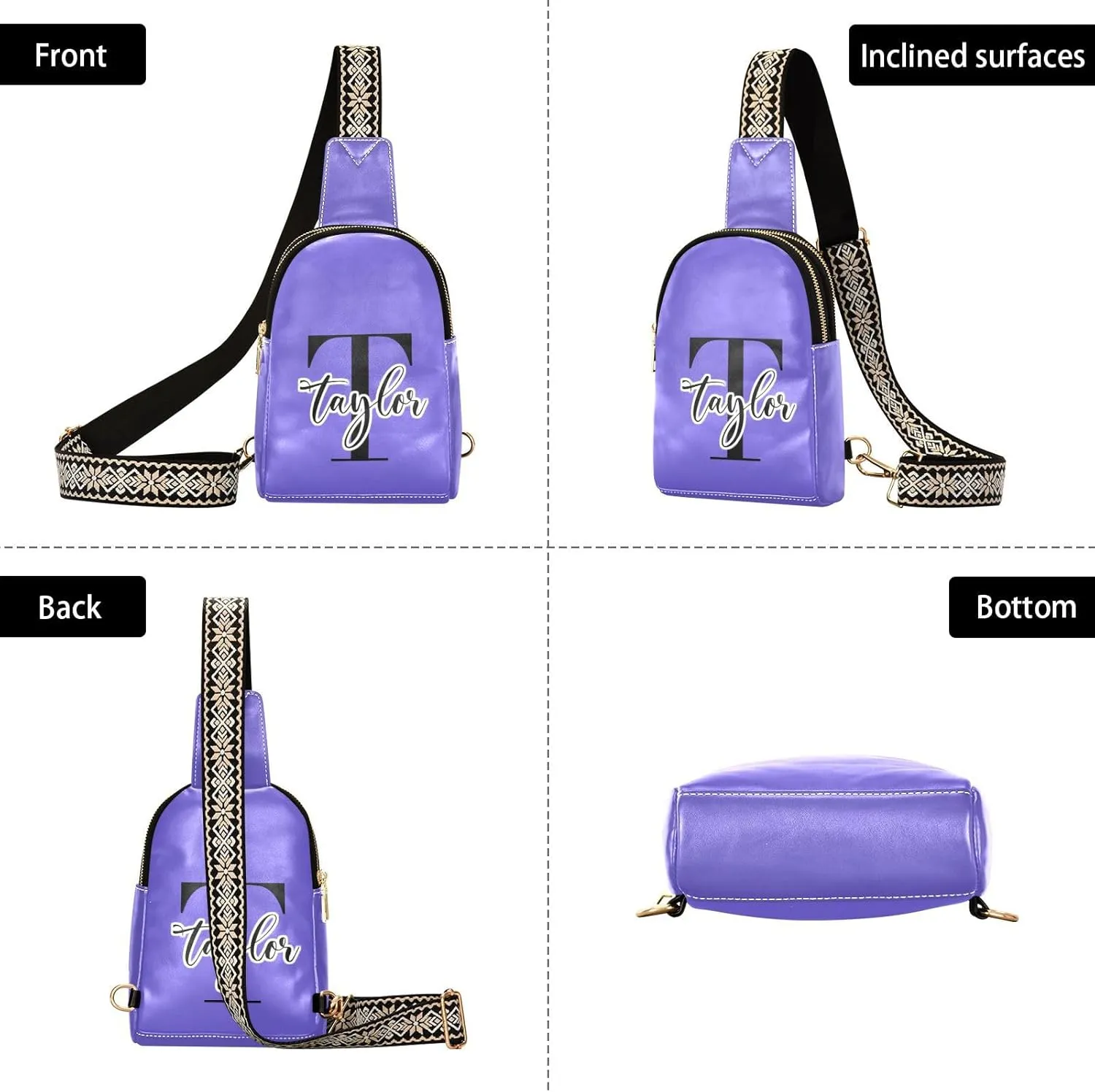 Custom Slate Blue Sling Bag for Women Personalized Leather Crossbody Bags Fanny Pack Crossbody Satchel Bags with Adjustable Strap for