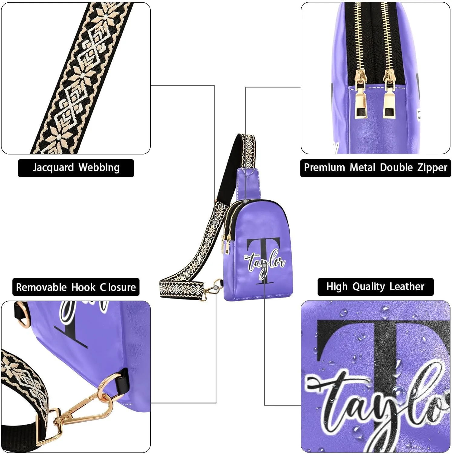 Custom Slate Blue Sling Bag for Women Personalized Leather Crossbody Bags Fanny Pack Crossbody Satchel Bags with Adjustable Strap for