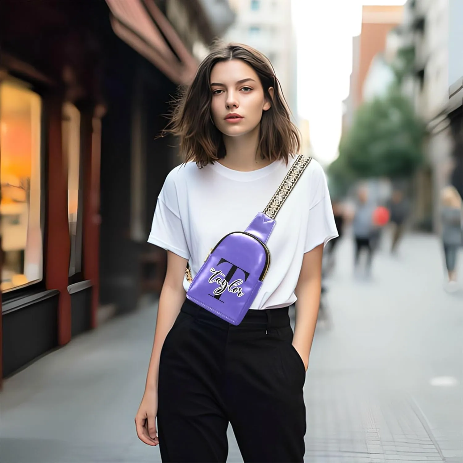 Custom Slate Blue Sling Bag for Women Personalized Leather Crossbody Bags Fanny Pack Crossbody Satchel Bags with Adjustable Strap for