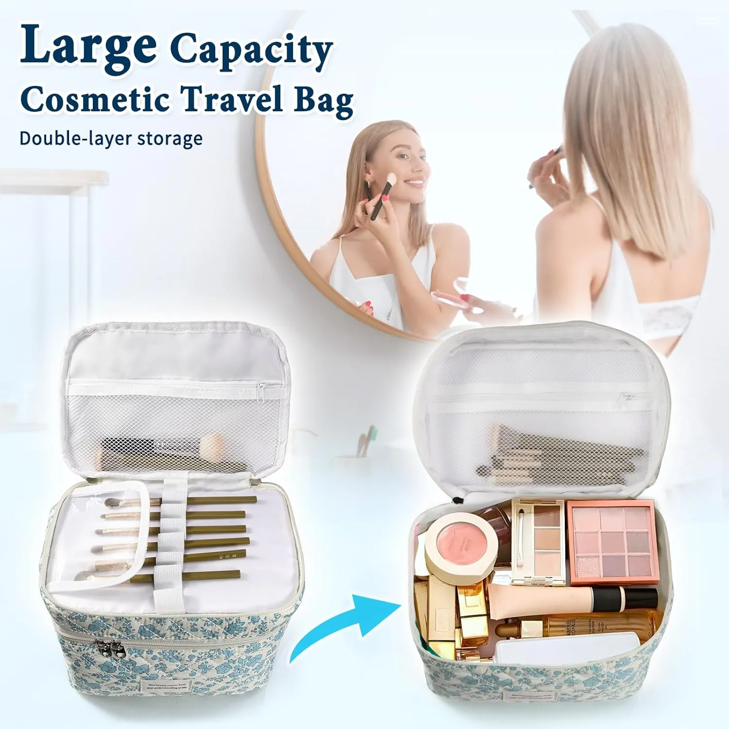 Cute Makeup Bag for Women(3 Pcs), Quilted Floral Coquette Aesthetic Make up Bags, Travel Cosmetic Bags Toiletry Organizer Bag (16 - Light Blue)