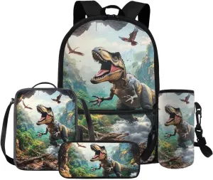 Dinosaur Backpack and Lunch Bag Set for Boys Cool Design Kids Lunch Bags Insulated Lightweight Pencil Case Versatile Water Bottle Sleeves for Elementary School Set of 4