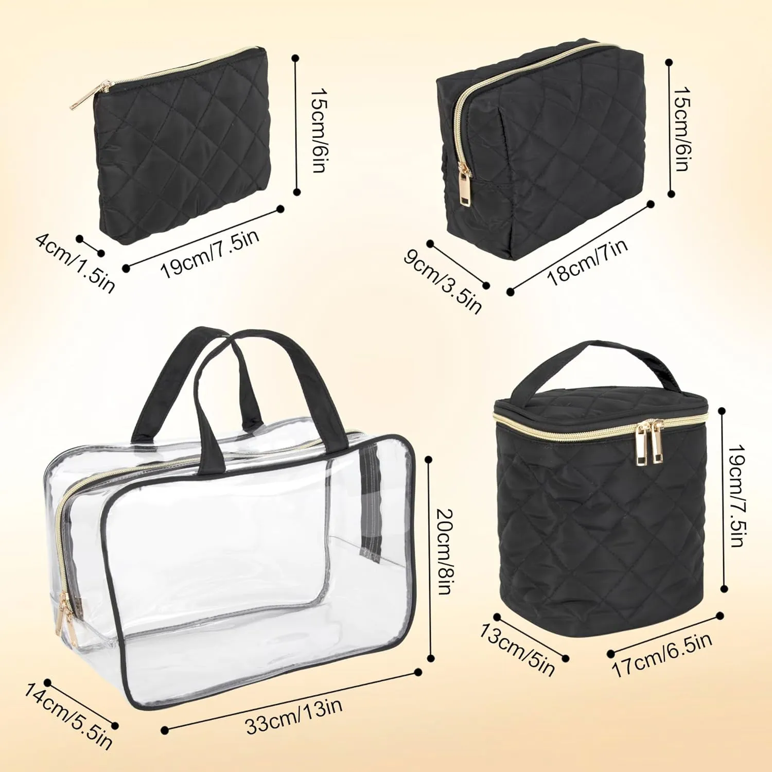 Emma & Chloe Travel Toiletry Bags for Women, 4 Piece Large Waterproof Cosmetic Case Set, Pouch Makeup Organizer Bags for Women, with Handle (Sleek Quilted Black)