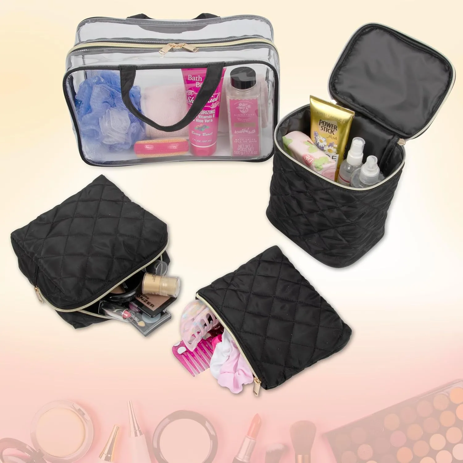 Emma & Chloe Travel Toiletry Bags for Women, 4 Piece Large Waterproof Cosmetic Case Set, Pouch Makeup Organizer Bags for Women, with Handle (Sleek Quilted Black)