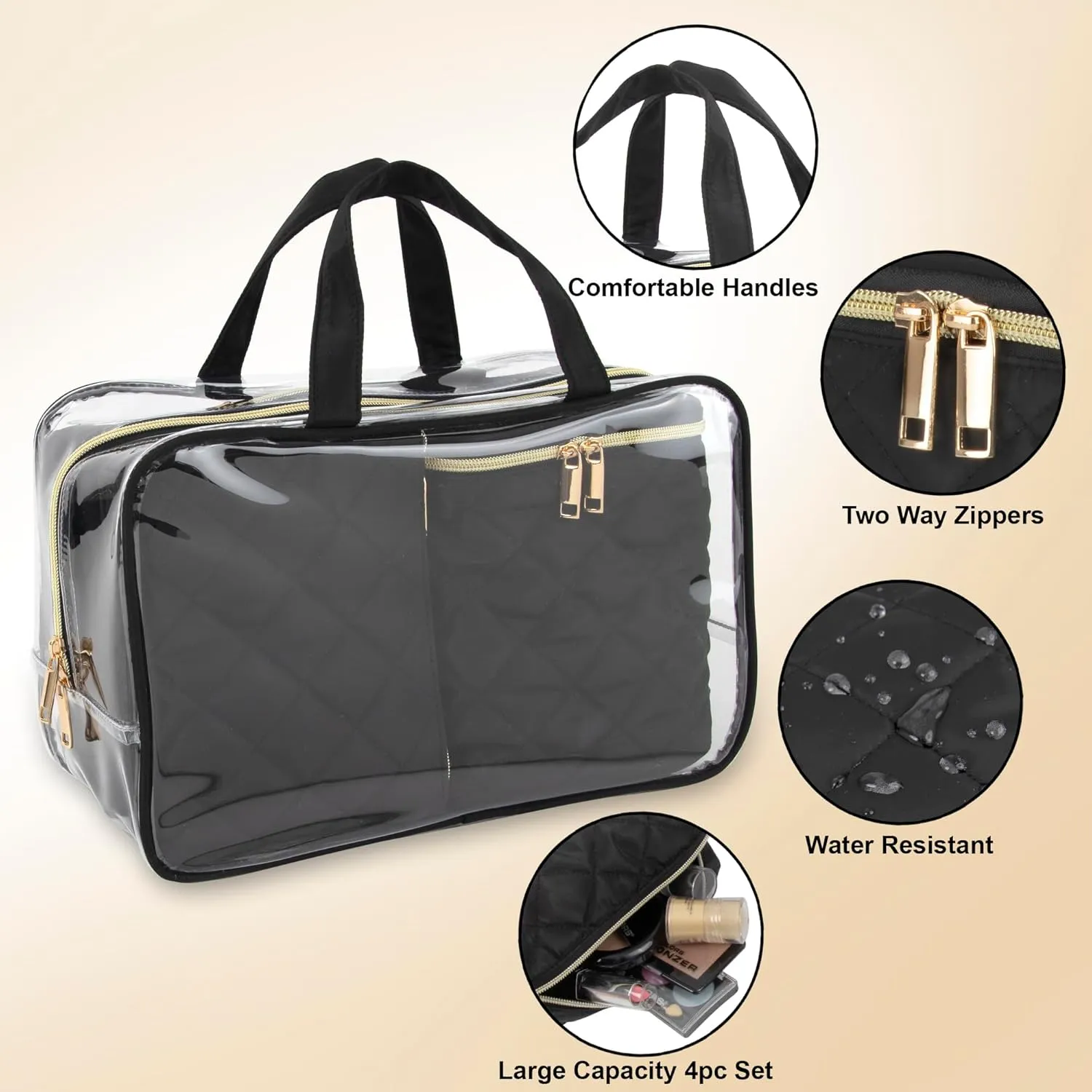 Emma & Chloe Travel Toiletry Bags for Women, 4 Piece Large Waterproof Cosmetic Case Set, Pouch Makeup Organizer Bags for Women, with Handle (Sleek Quilted Black)