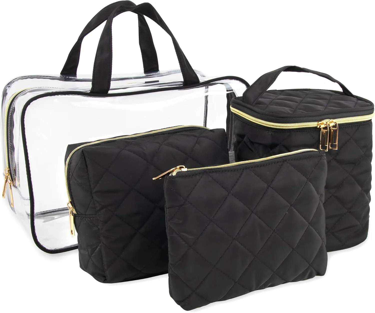 Emma & Chloe Travel Toiletry Bags for Women, 4 Piece Large Waterproof Cosmetic Case Set, Pouch Makeup Organizer Bags for Women, with Handle (Sleek Quilted Black)