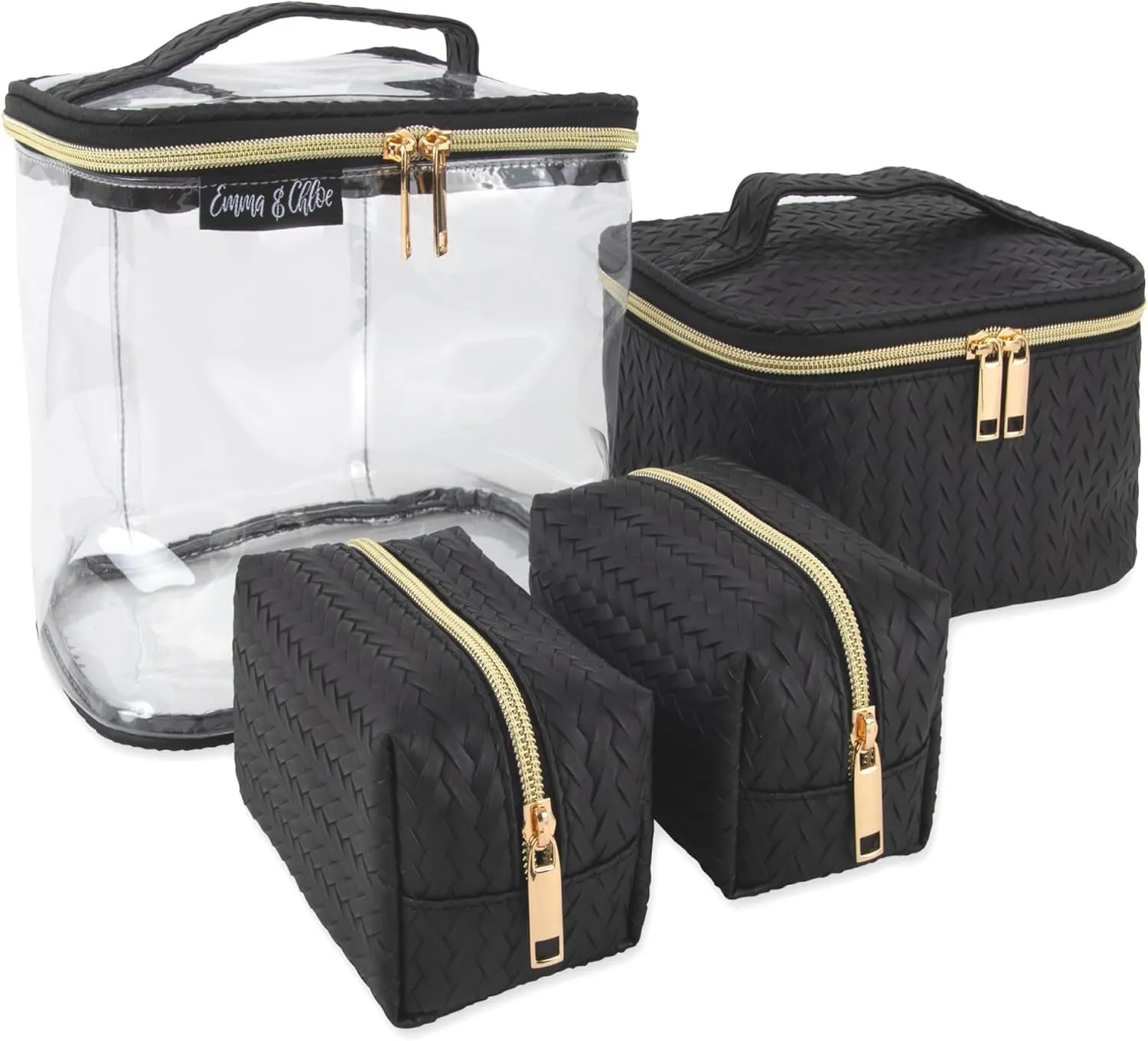 Emma & Chloe Travel Toiletry Bags for Women, 4 Piece Waterproof Cosmetic Case, Set, Pouch Makeup Organizer Bags for Women, Home Counters (Sleek Black Chevron)