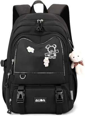 Fashion Backpack with 1pc Cartoon Bear Accessory Cute Big Capacity Lightweight 3 Compartments Laptop Travel Versatile (Black)