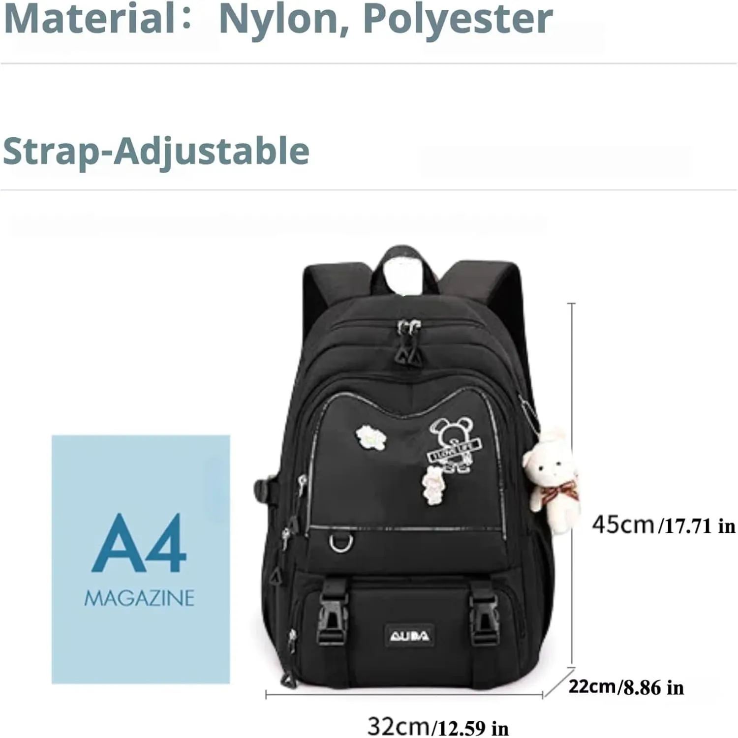 Fashion Backpack with 1pc Cartoon Bear Accessory Cute Big Capacity Lightweight 3 Compartments Laptop Travel Versatile (Black)