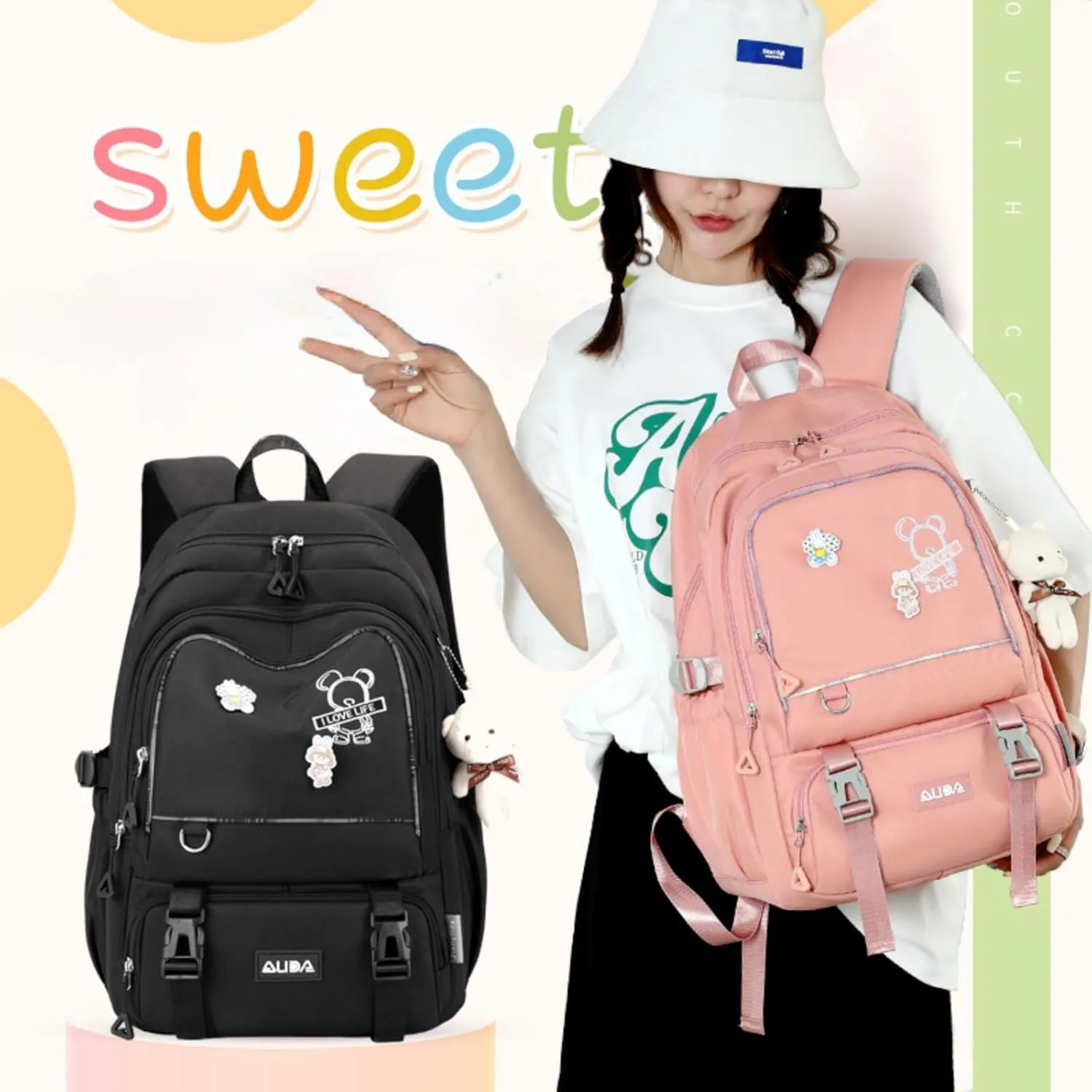 Fashion Backpack with 1pc Cartoon Bear Accessory Cute Big Capacity Lightweight 3 Compartments Laptop Travel Versatile (Black)