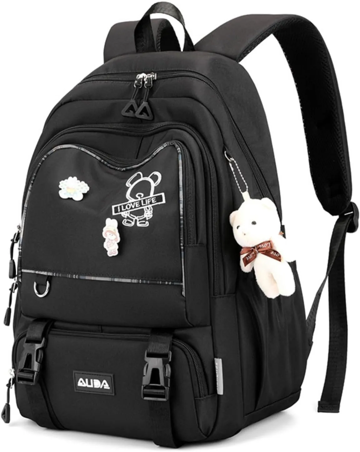 Fashion Backpack with 1pc Cartoon Bear Accessory Cute Big Capacity Lightweight 3 Compartments Laptop Travel Versatile (Black)