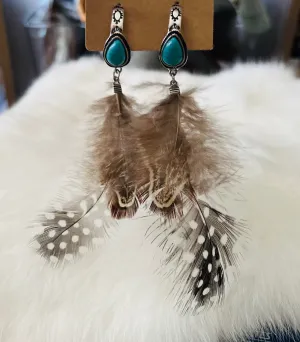 Fashion Turquoise and Quail Feather Mini Hoop Earrings
