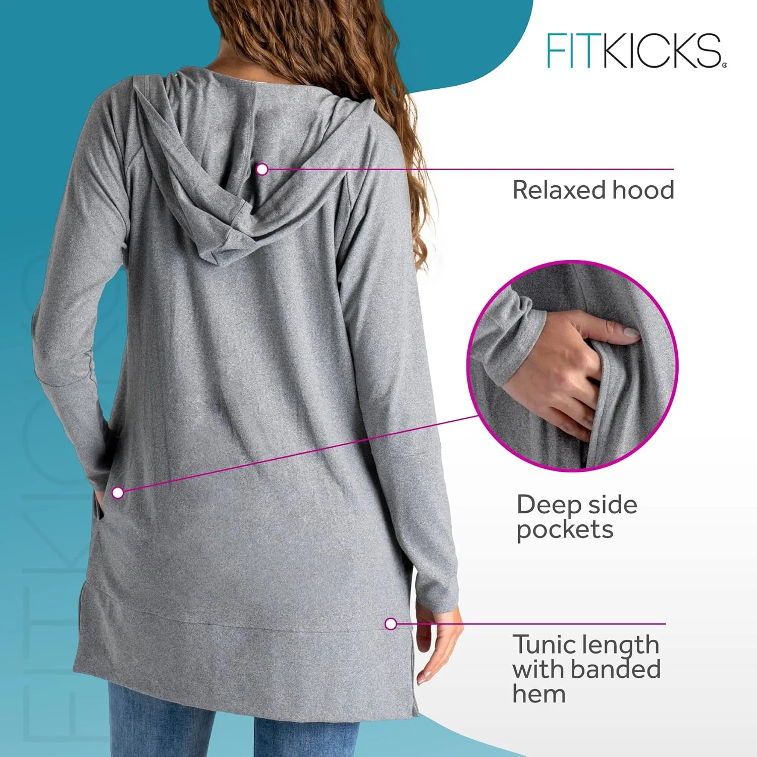 FITKICKS Everywear Lightweight Cardigan Relaxed Hooded Tunic Sweater with Deep Side Pockets Cardigan for Women, Girls