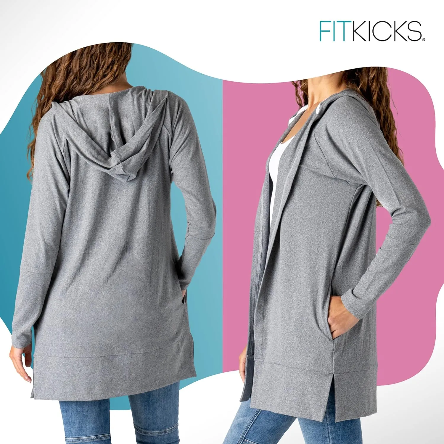 FITKICKS Everywear Lightweight Cardigan Relaxed Hooded Tunic Sweater with Deep Side Pockets Cardigan for Women, Girls