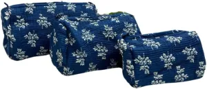 Floral Travel Cosmetic Bags, Navy Blue with White Hand Block printed cosmetic bag set of 3 pieces Quilted make-up Travel accessories bag, Toiletry/Shaving kit bag.