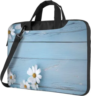 Flowers Light Blue Wood Print Laptop Shoulder Bag With Shoulder Strap Briefcase Slim Computer Bag For Women Men