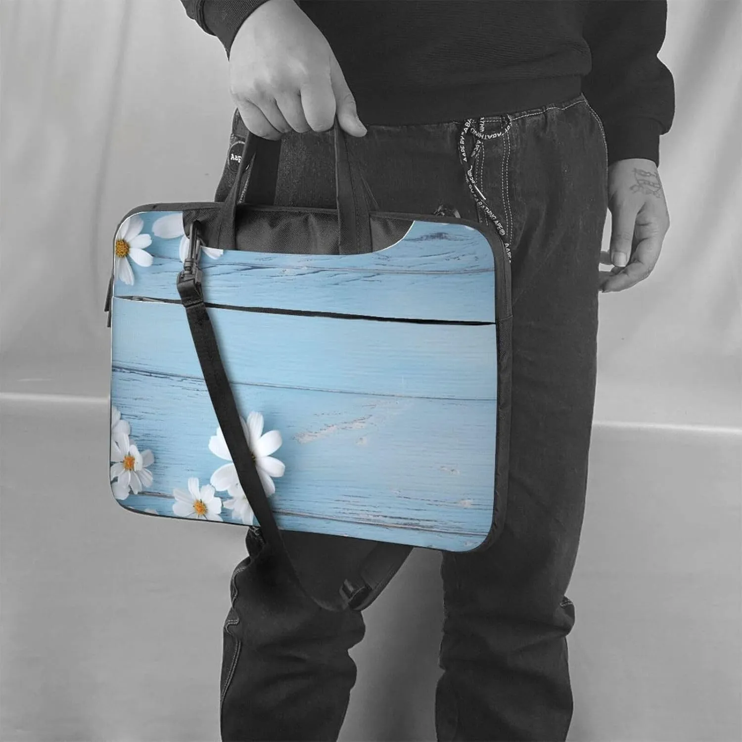 Flowers Light Blue Wood Print Laptop Shoulder Bag With Shoulder Strap Briefcase Slim Computer Bag For Women Men
