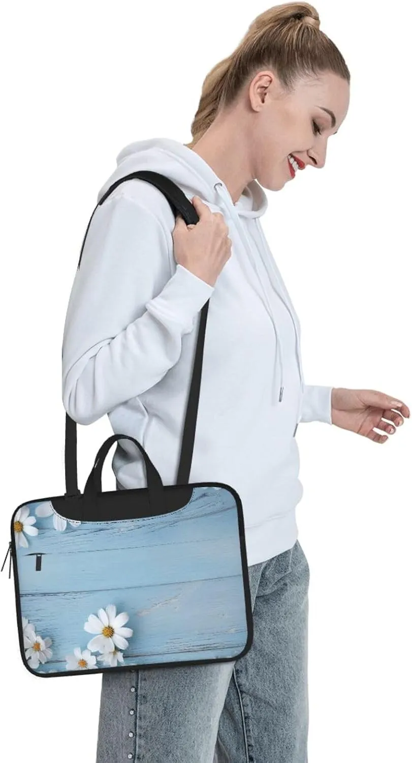 Flowers Light Blue Wood Print Laptop Shoulder Bag With Shoulder Strap Briefcase Slim Computer Bag For Women Men