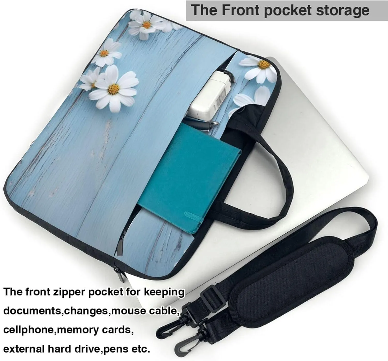 Flowers Light Blue Wood Print Laptop Shoulder Bag With Shoulder Strap Briefcase Slim Computer Bag For Women Men