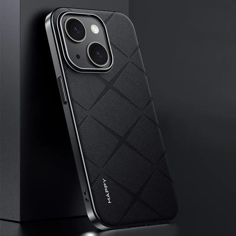 For Iphone 15 Plain Leather Pc Phone Case