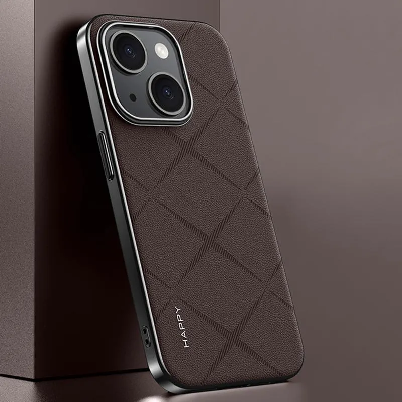 For Iphone 15 Plain Leather Pc Phone Case