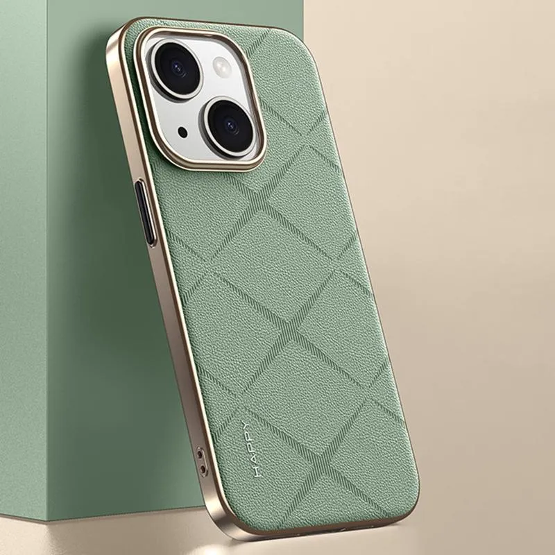 For Iphone 15 Plain Leather Pc Phone Case