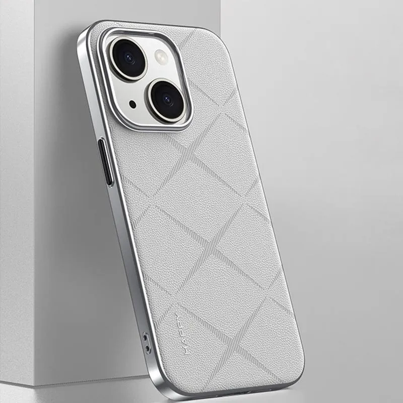 For Iphone 15 Plain Leather Pc Phone Case
