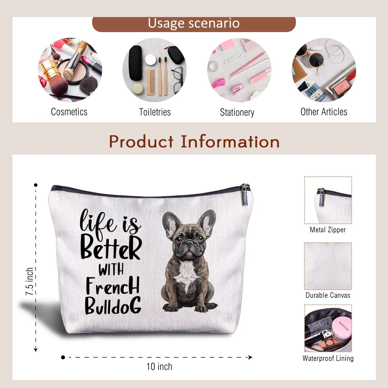 French Bulldog Makeup Bag - Cosmetic Bags, Zippered Bag for Women, Frenchie Gifts