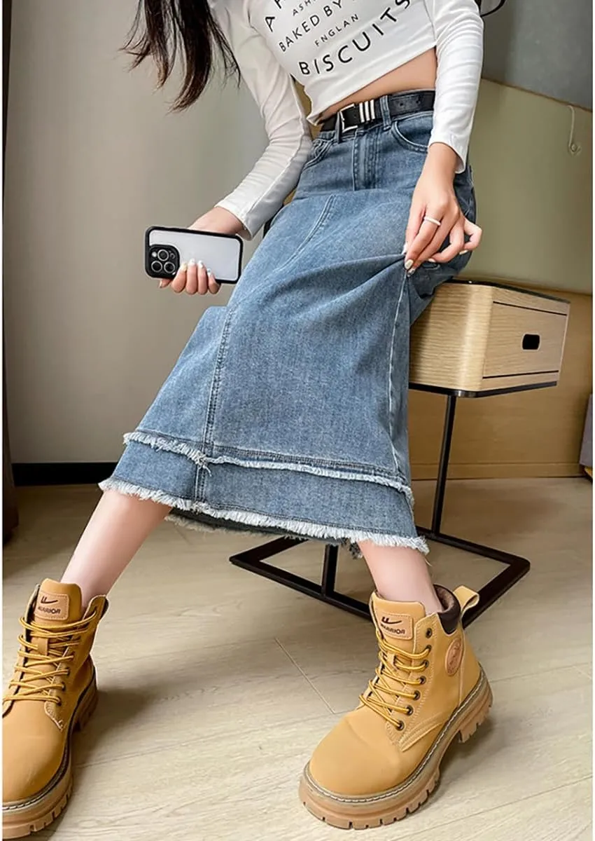 Gothic women's fur Edge design with versatile mid length denim skirt, high waisted one line goddess skirt