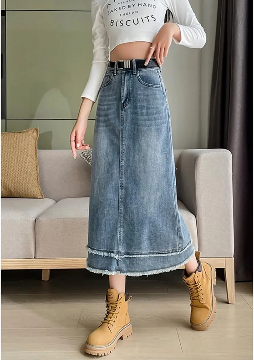 Gothic women's fur Edge design with versatile mid length denim skirt, high waisted one line goddess skirt