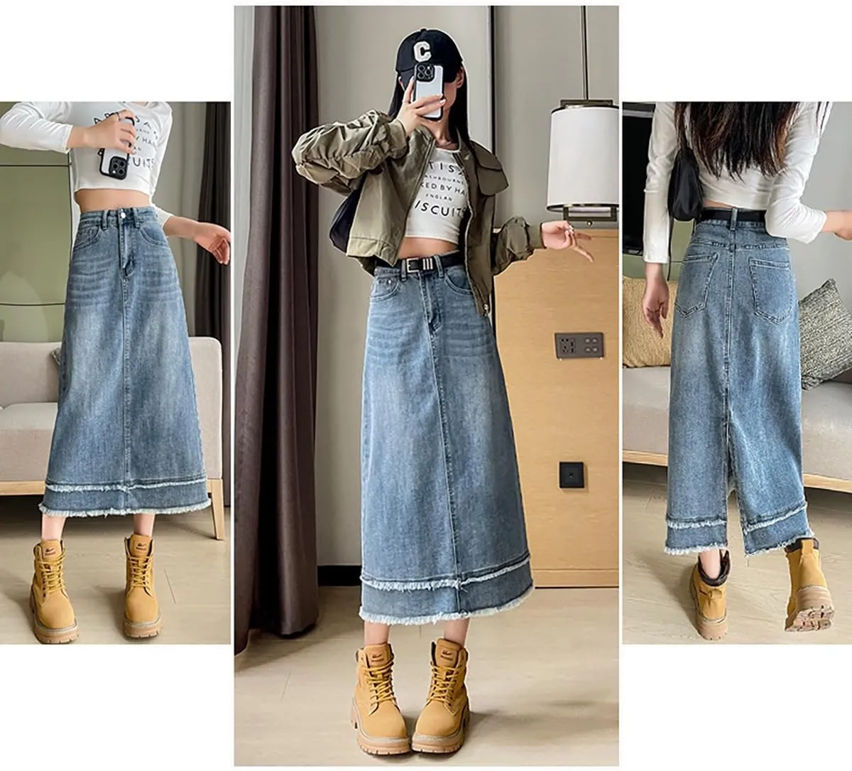 Gothic women's fur Edge design with versatile mid length denim skirt, high waisted one line goddess skirt