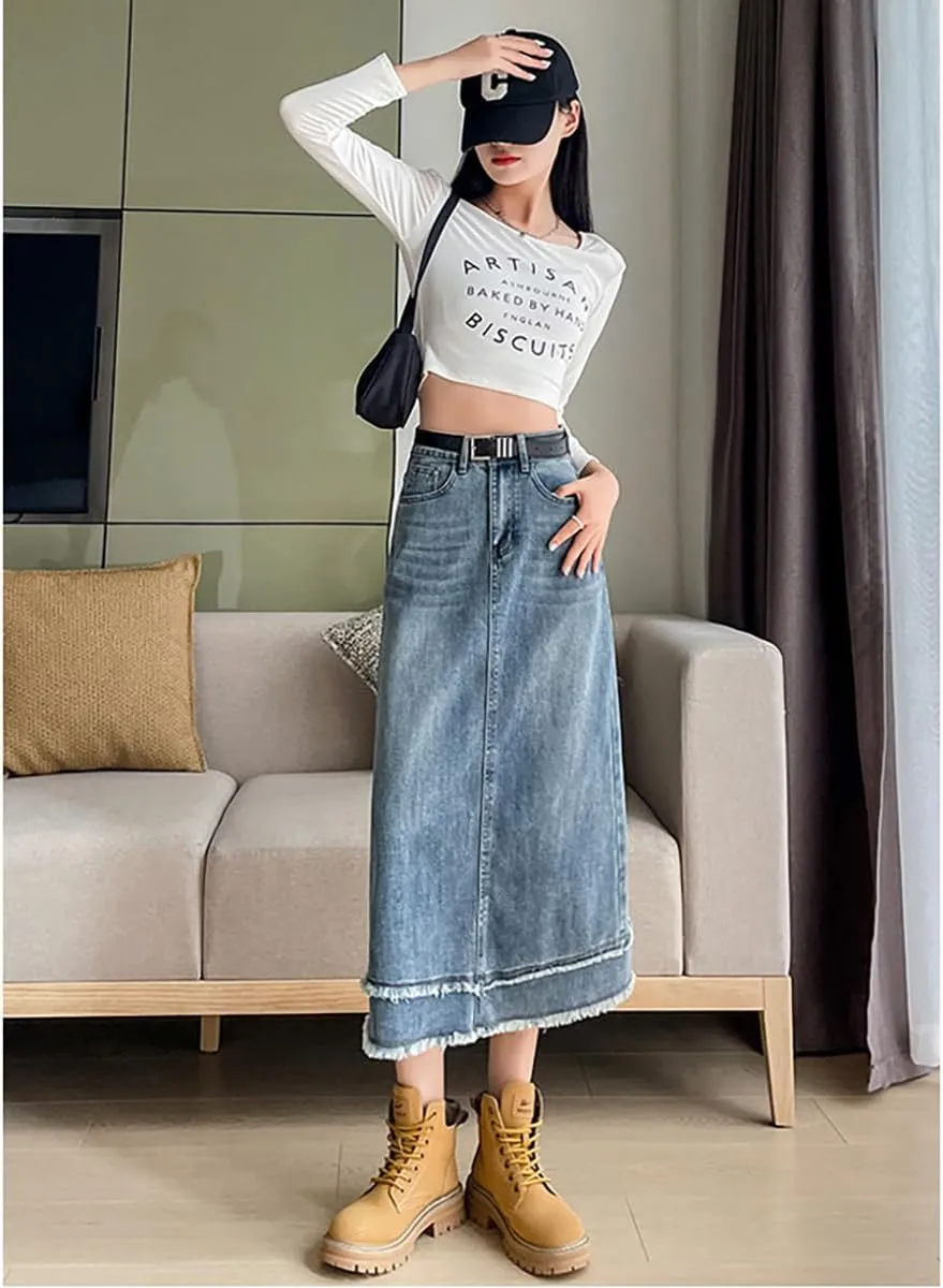 Gothic women's fur Edge design with versatile mid length denim skirt, high waisted one line goddess skirt