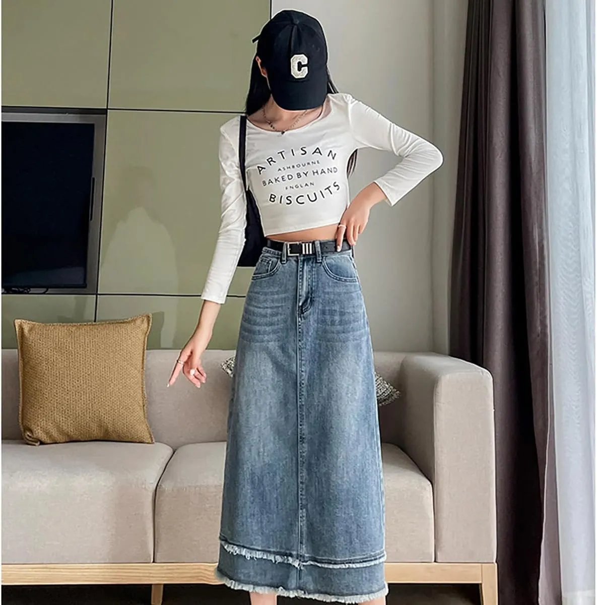 Gothic women's fur Edge design with versatile mid length denim skirt, high waisted one line goddess skirt