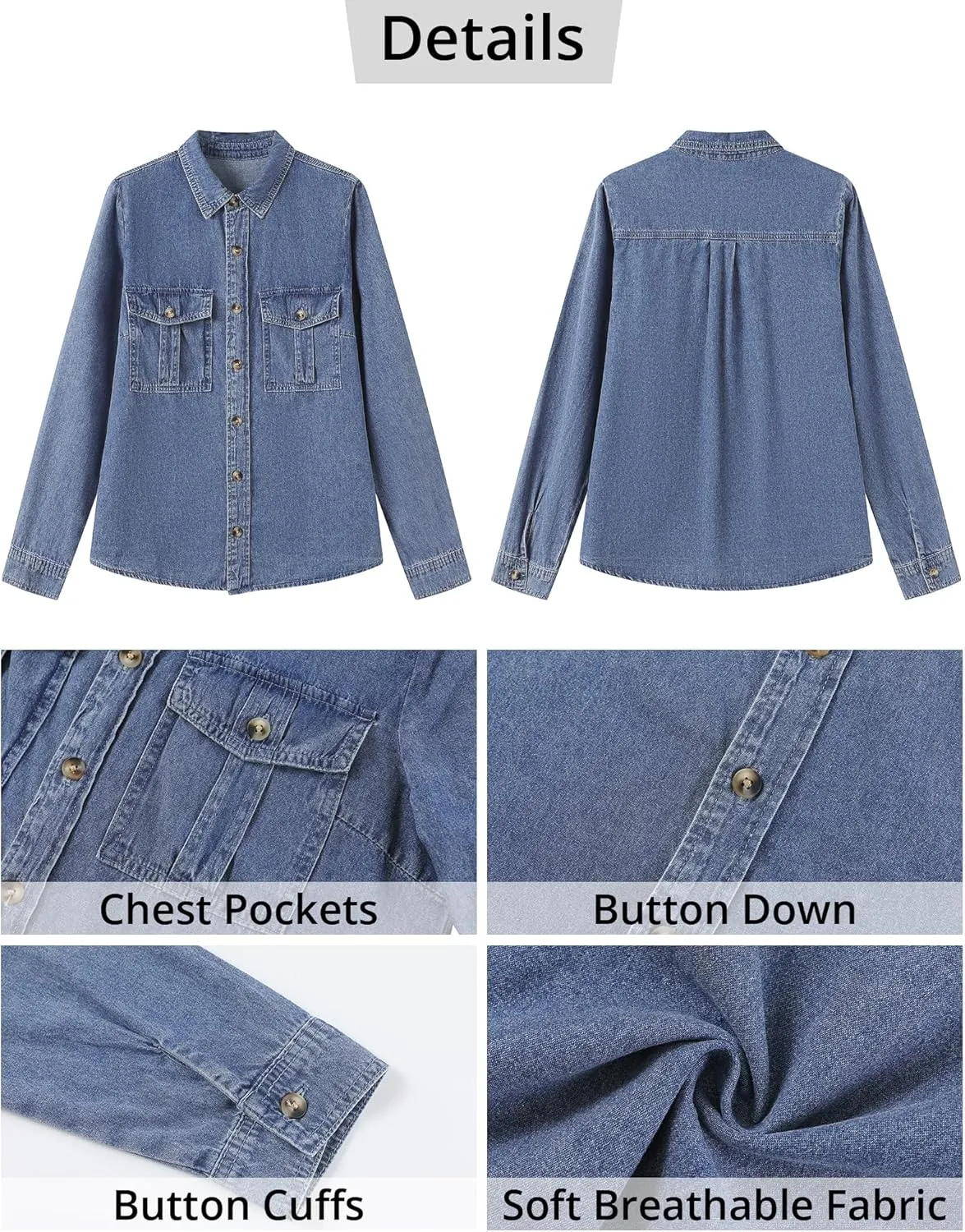 GRAPENT Denim Button Down Shirts for Women Long Sleeve Western Top Casual Cotton Relaxed Fit Jean Shirt Jacket Shacket