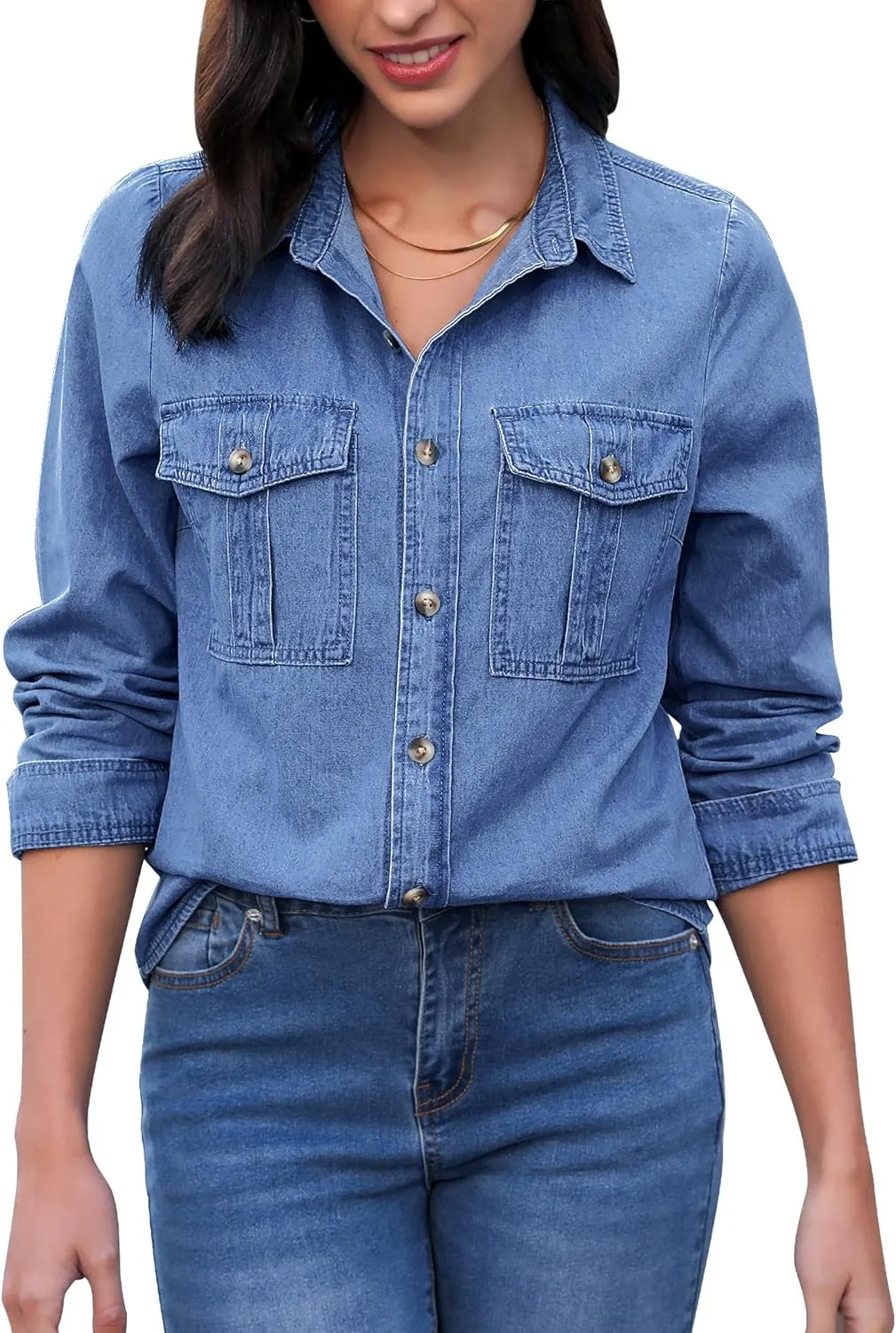 GRAPENT Denim Button Down Shirts for Women Long Sleeve Western Top Casual Cotton Relaxed Fit Jean Shirt Jacket Shacket