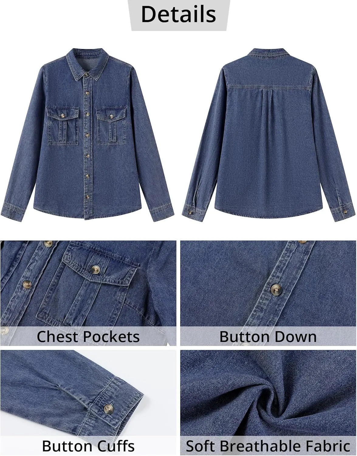 GRAPENT Denim Button Down Shirts for Women Long Sleeve Western Top Casual Cotton Relaxed Fit Jean Shirt Jacket Shacket