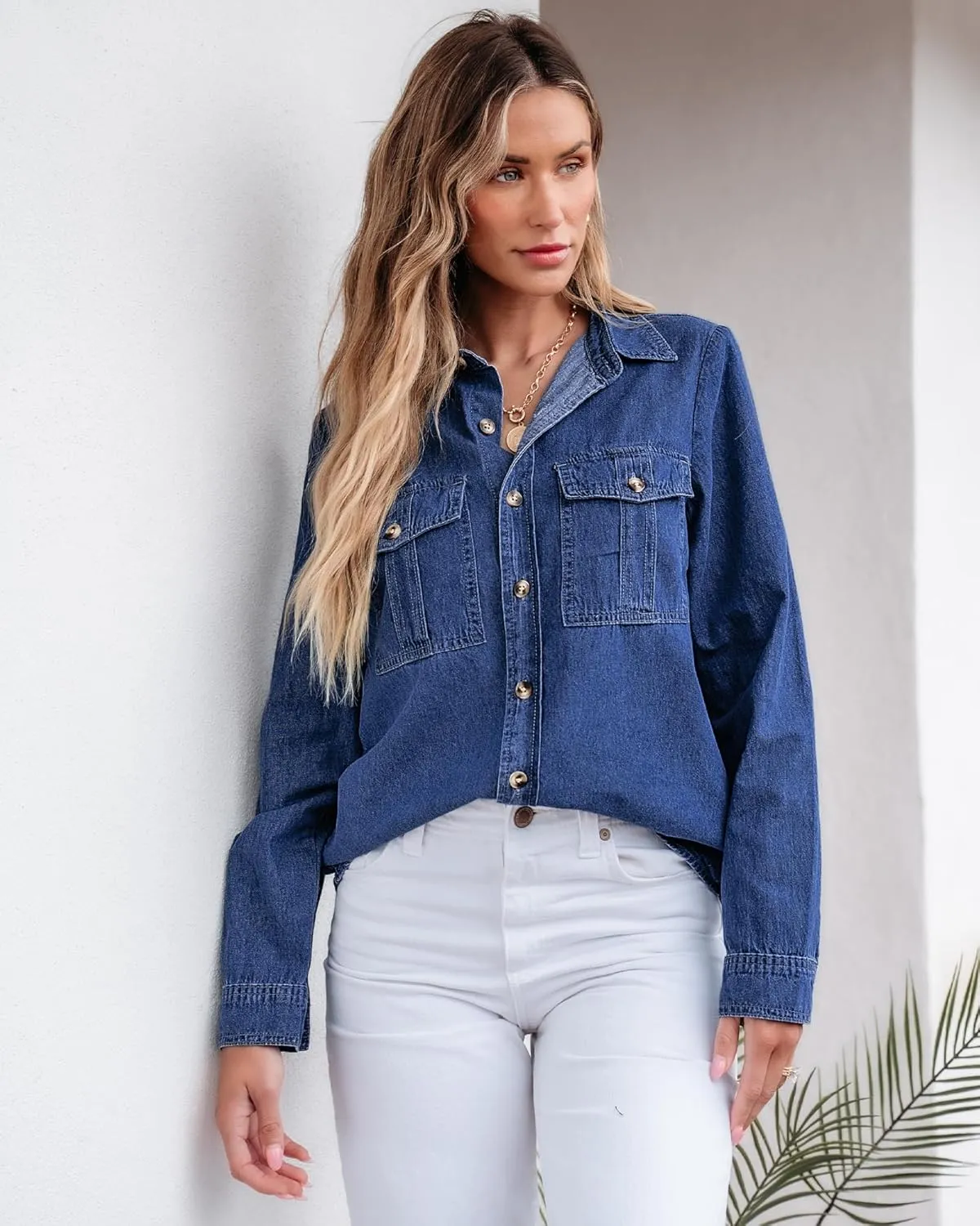 GRAPENT Denim Button Down Shirts for Women Long Sleeve Western Top Casual Cotton Relaxed Fit Jean Shirt Jacket Shacket