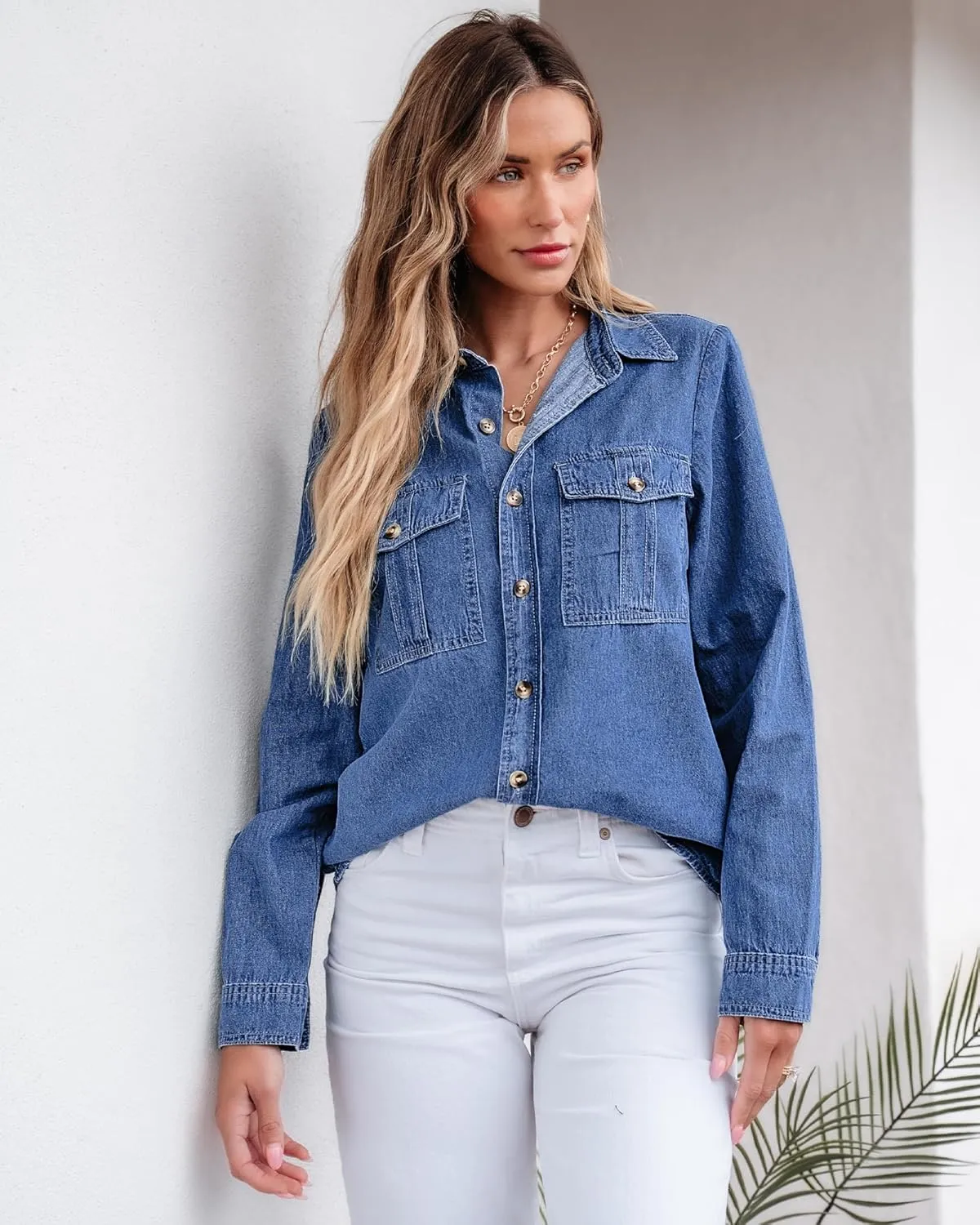GRAPENT Denim Button Down Shirts for Women Long Sleeve Western Top Casual Cotton Relaxed Fit Jean Shirt Jacket Shacket