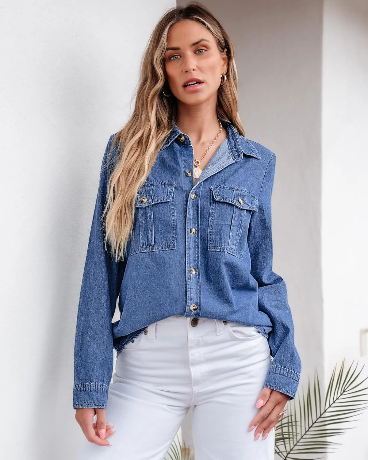 GRAPENT Denim Button Down Shirts for Women Long Sleeve Western Top Casual Cotton Relaxed Fit Jean Shirt Jacket Shacket