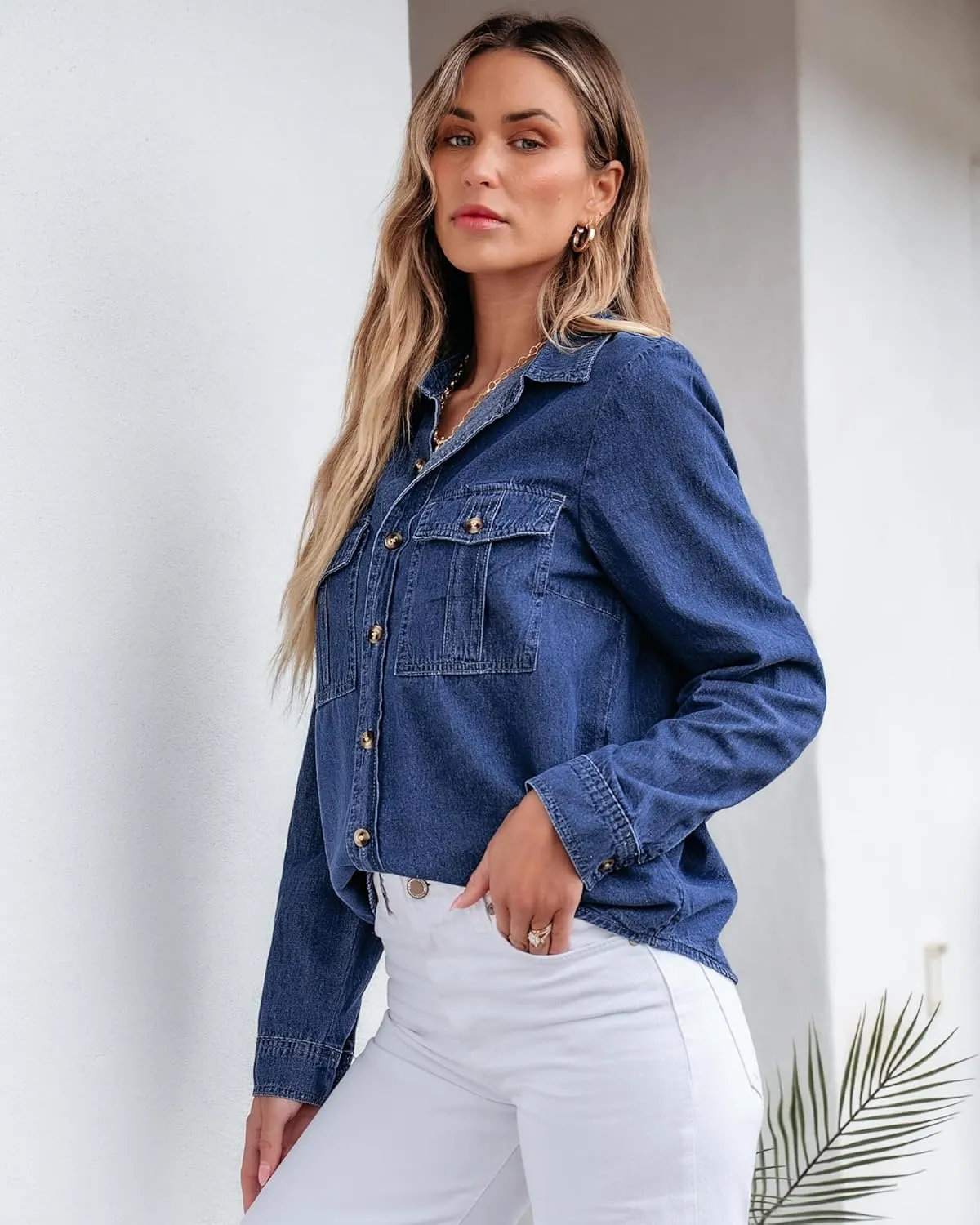 GRAPENT Denim Button Down Shirts for Women Long Sleeve Western Top Casual Cotton Relaxed Fit Jean Shirt Jacket Shacket