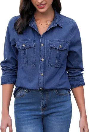 GRAPENT Denim Button Down Shirts for Women Long Sleeve Western Top Casual Cotton Relaxed Fit Jean Shirt Jacket Shacket