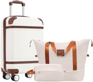 Hardshell Luggage Sets with Bags Carry-on Suitcase Double Spinner Wheels with TSA Lock,Single Vintage Luggage 20 IN,White