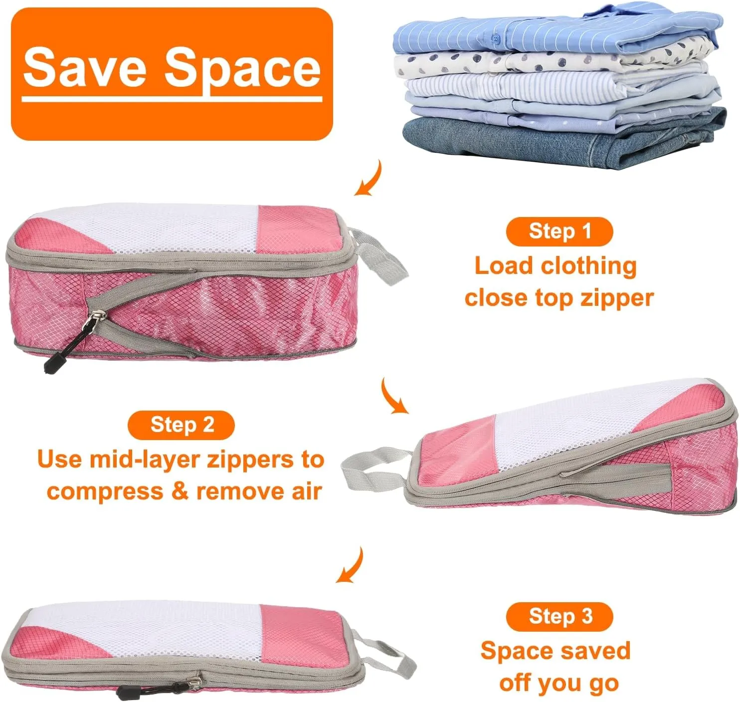HARFINGTON 4pcs Compression Packing Cube for Suitcases Lightweight Luggage Organizers Bag Travel Essentials Compression Bags for Carry on Suitcases, Pink