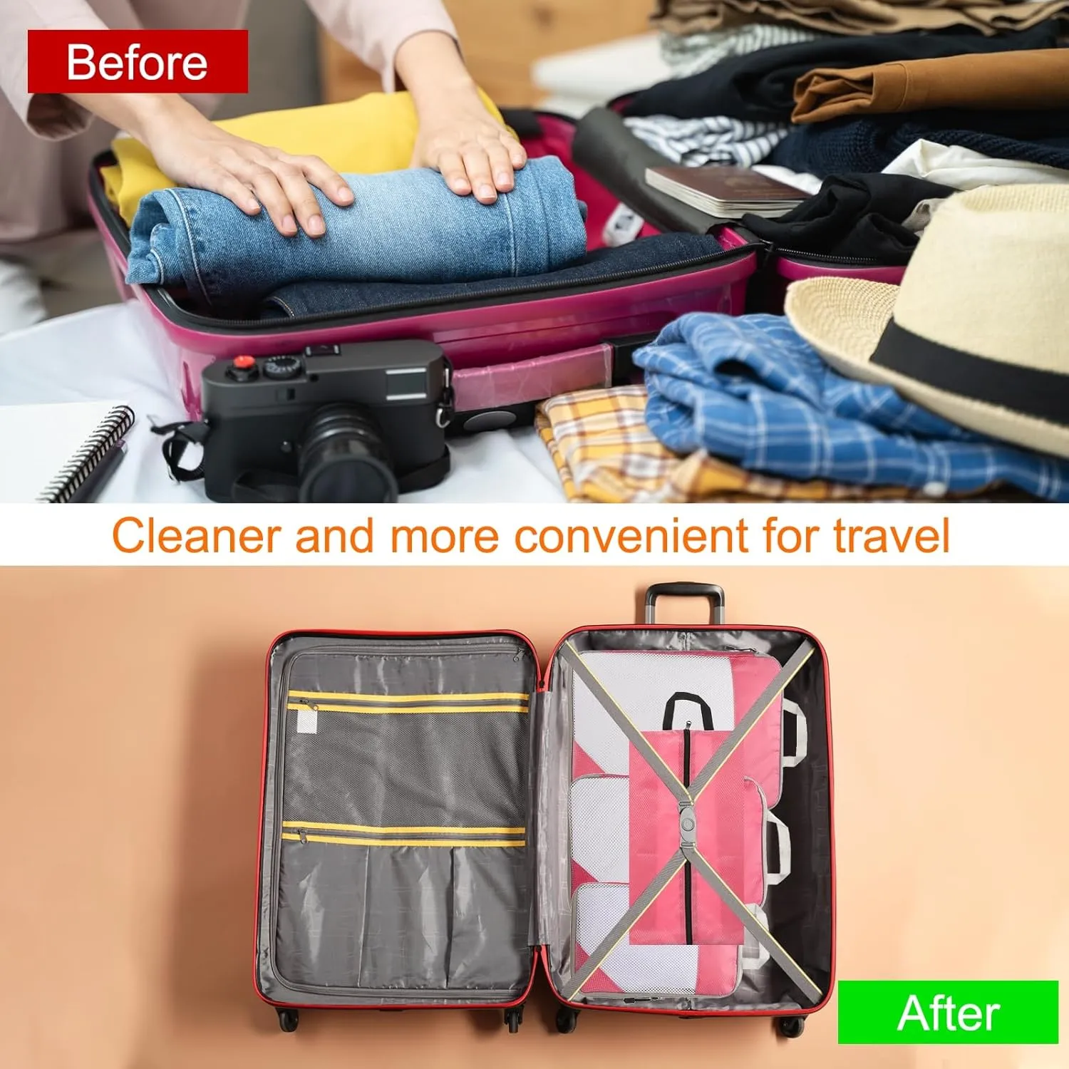 HARFINGTON 4pcs Compression Packing Cube for Suitcases Lightweight Luggage Organizers Bag Travel Essentials Compression Bags for Carry on Suitcases, Pink